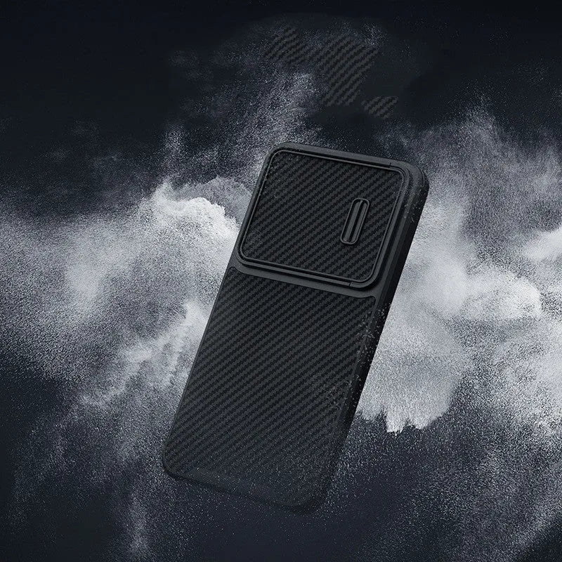 Black Samsung S23 Ultra mobile phone case with lens push cover and carbon fibre detailing