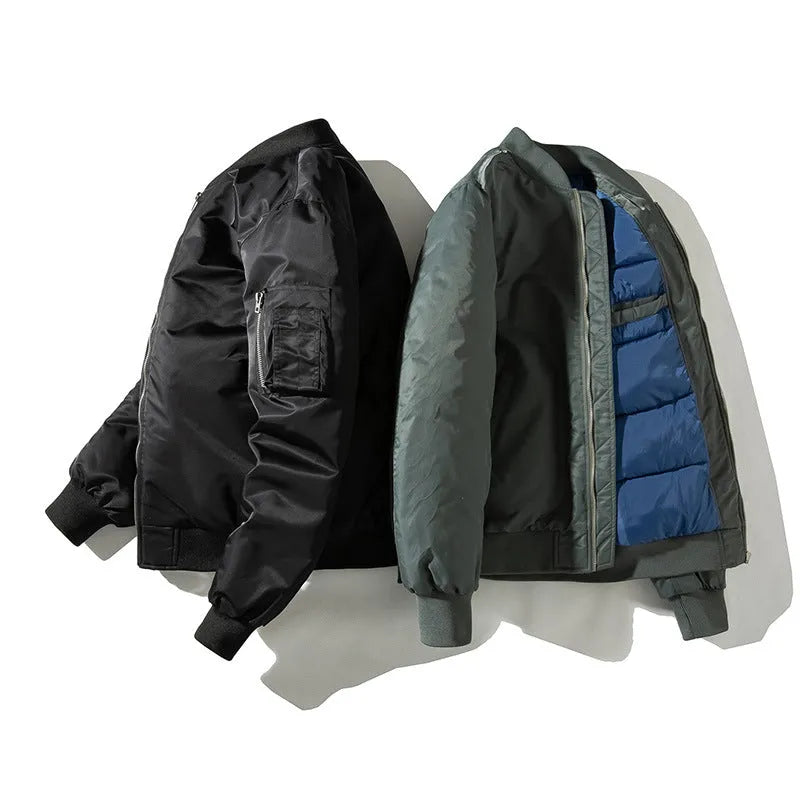 Men's solid pilot jacket in green or black, 100% polyester with long sleeves and ribbed bottom hem