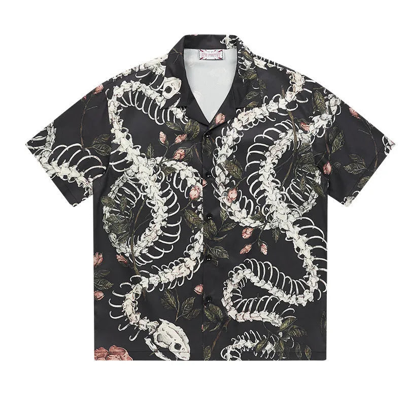Snake bone floral pattern printed on light blue polyester Cuban collar shirt with short sleeves