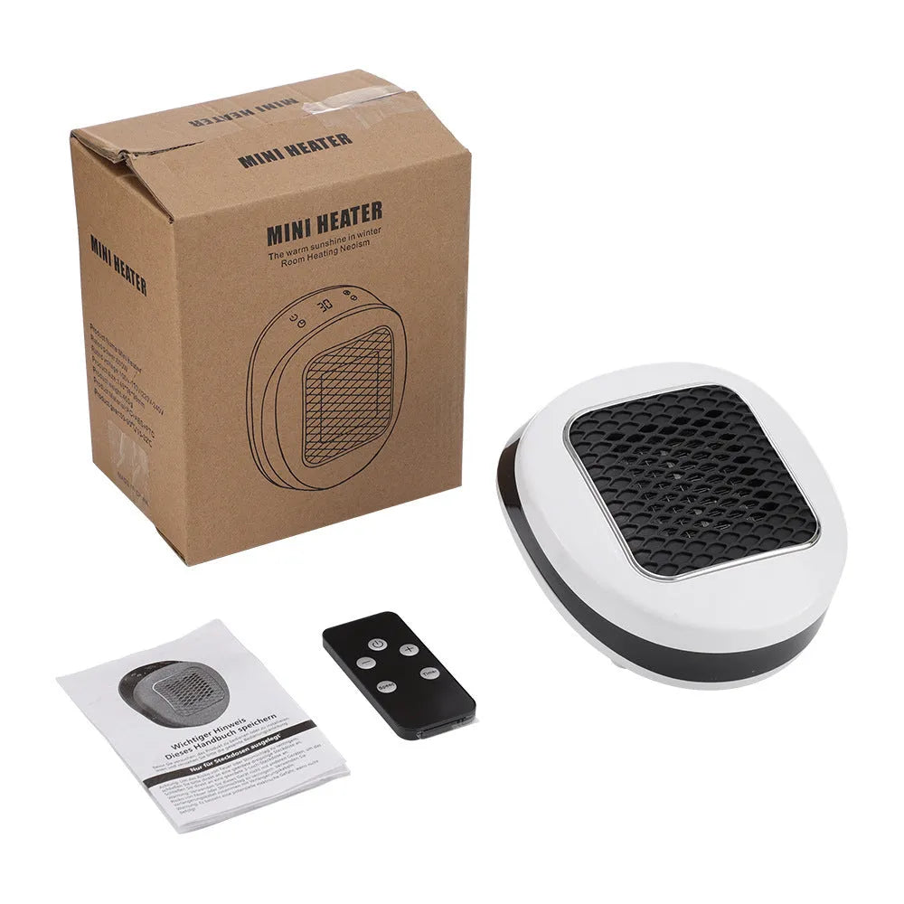White ceramic electric heater with remote control showing 15-32 heat settings and 600W power rating