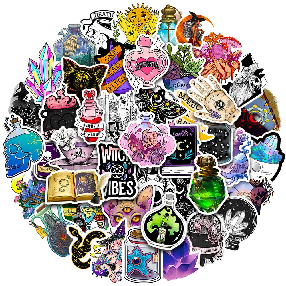 Set of 50 colourful waterproof PVC graffiti stickers for luggage and smooth surfaces, sizes 3-8cm.