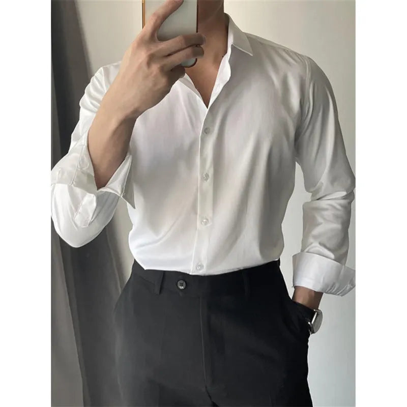 Men's slim fit Korean-style cardigan shirt in solid colour, available in dark grey, black, or white.