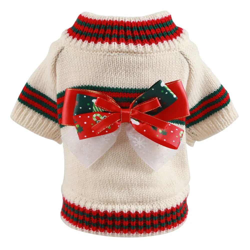 Red Christmas dog jumper on small dog showing polyester knit fabric and reinforced stitching