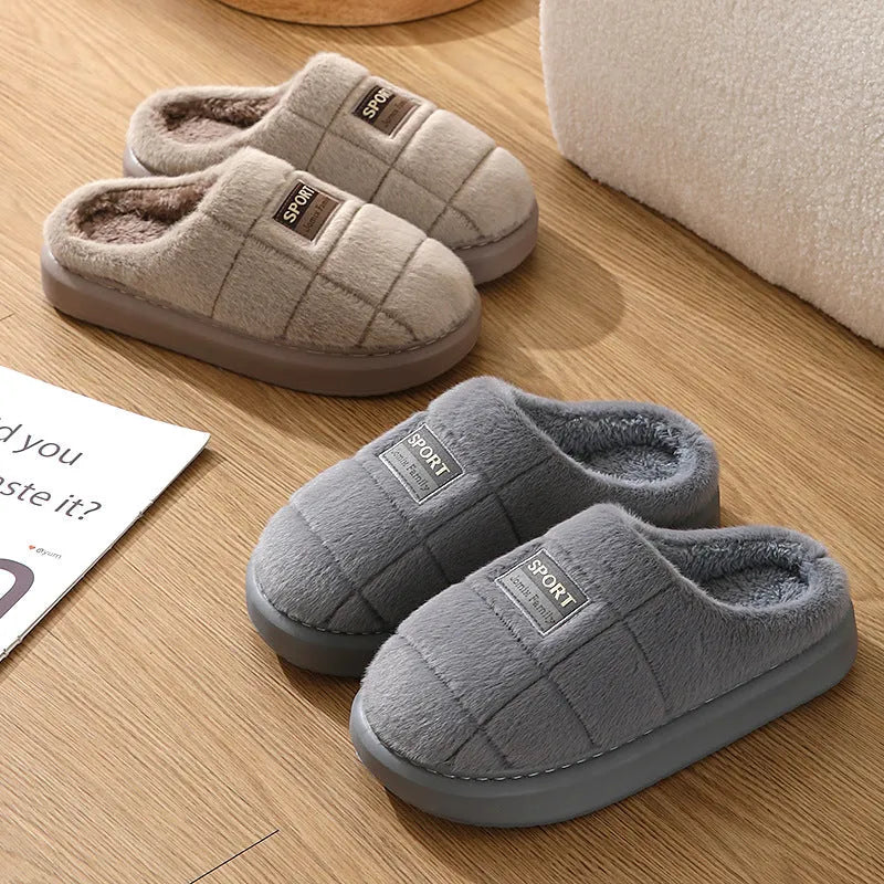 Men's plaid winter slippers with rabbit hair upper, EVA sole, and artificial wool lining in grey colour