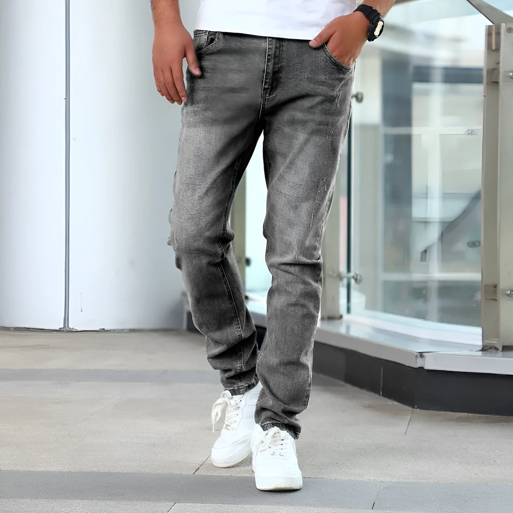 Men's skinny jeans in silver grey, blue, or black with zip fly and tight denim fit