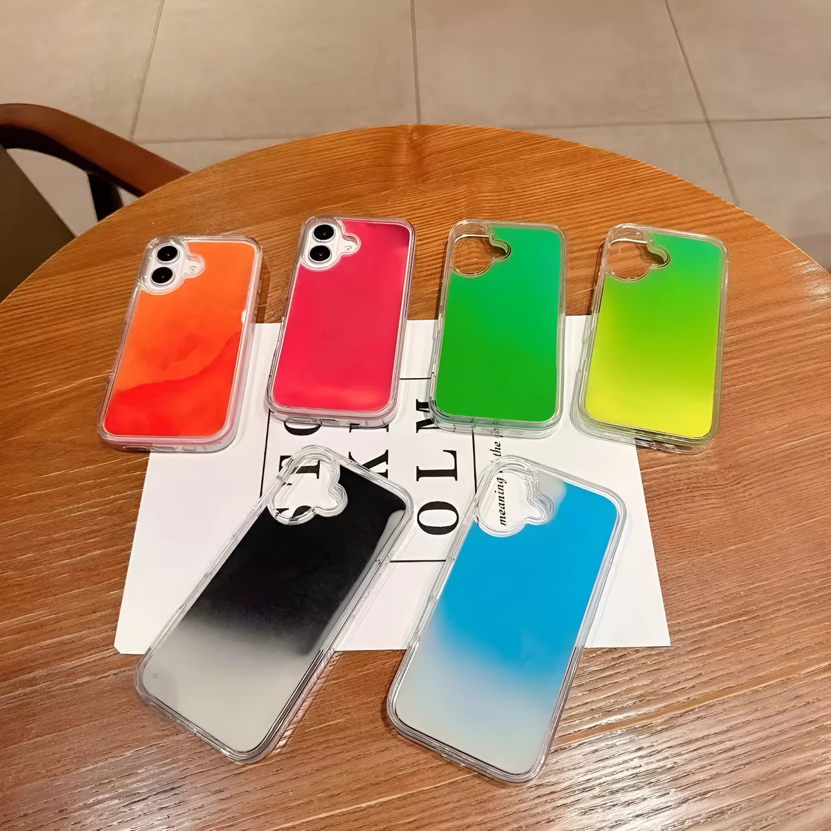 Glitter quicksand phone case for iPhone 12-16 Pro Max, hard PC TPU shell, shockproof, in black, blue, orange, yellow, rose, green.