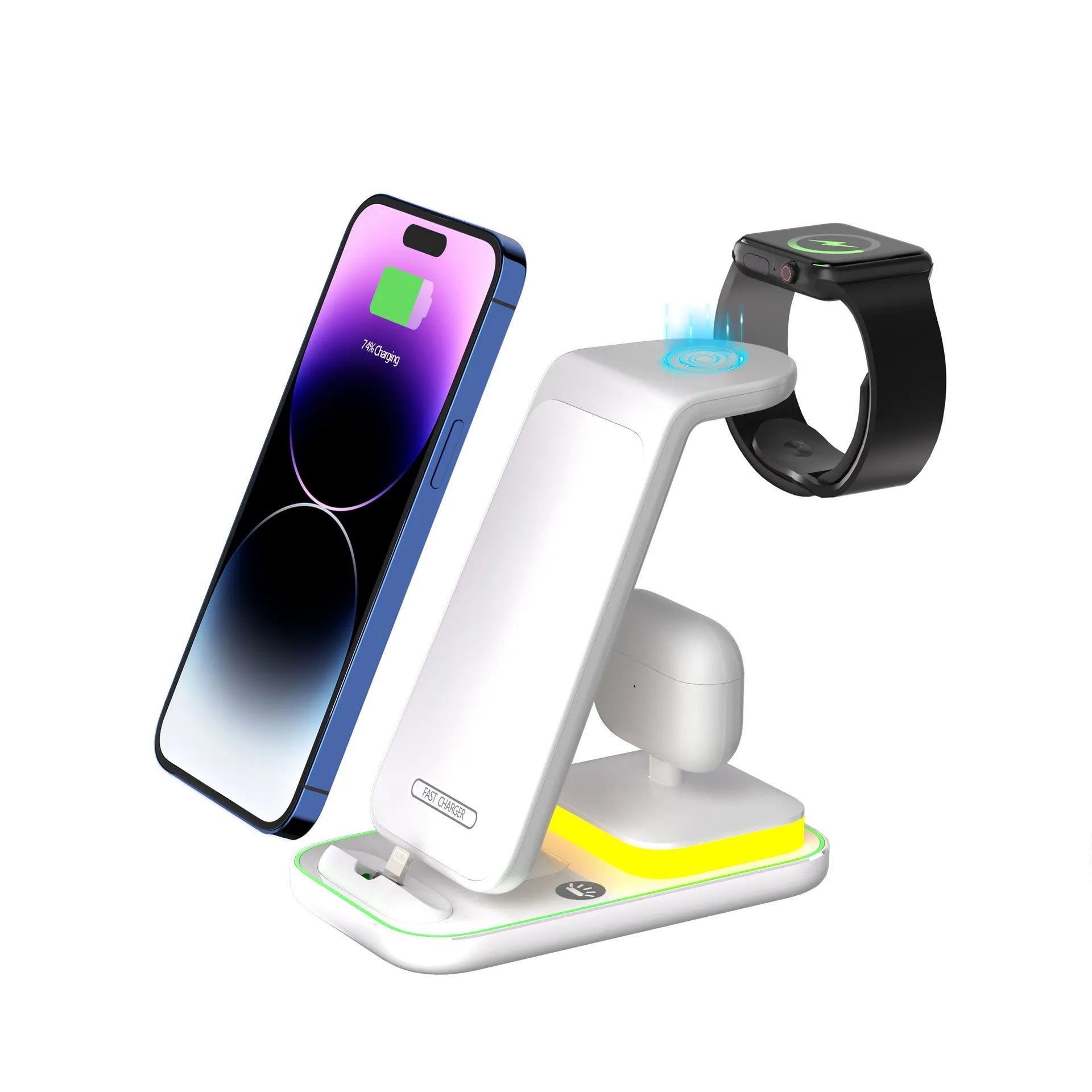 Black vertical wireless charging station with phone, smartwatch, and earbuds charging simultaneously