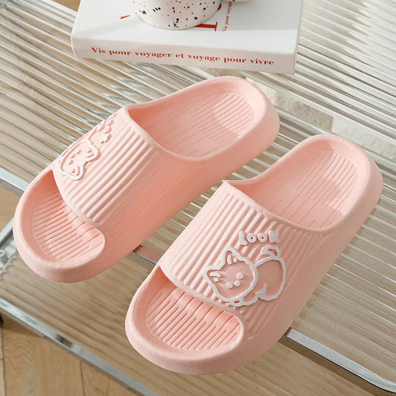 Green cat-themed thick platform sliders with a non-slip EVA sole on a white background.