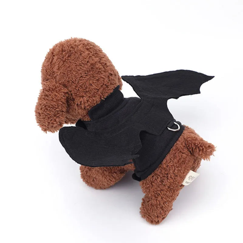 Black bat wings costume for dogs with elastic neck strap and optional hand control rope