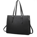 Black women's structured business computer bag showing front sandwich pocket and three adjustable shoulder straps.