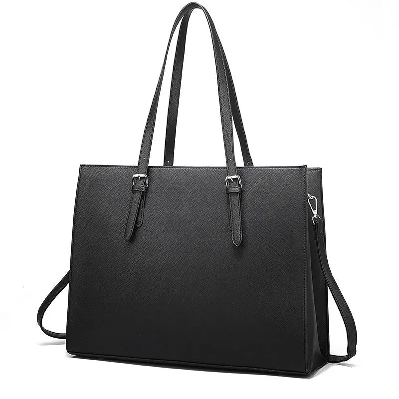 Black women's structured business computer bag showing front sandwich pocket and three adjustable shoulder straps.