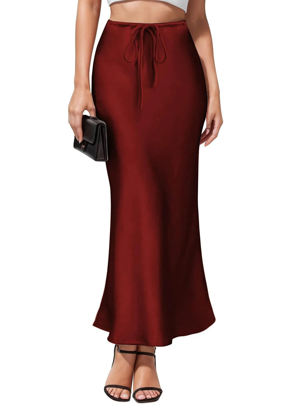 Women's high-waisted acetate satin skirt with an asymmetric irregular hem in a solid colour