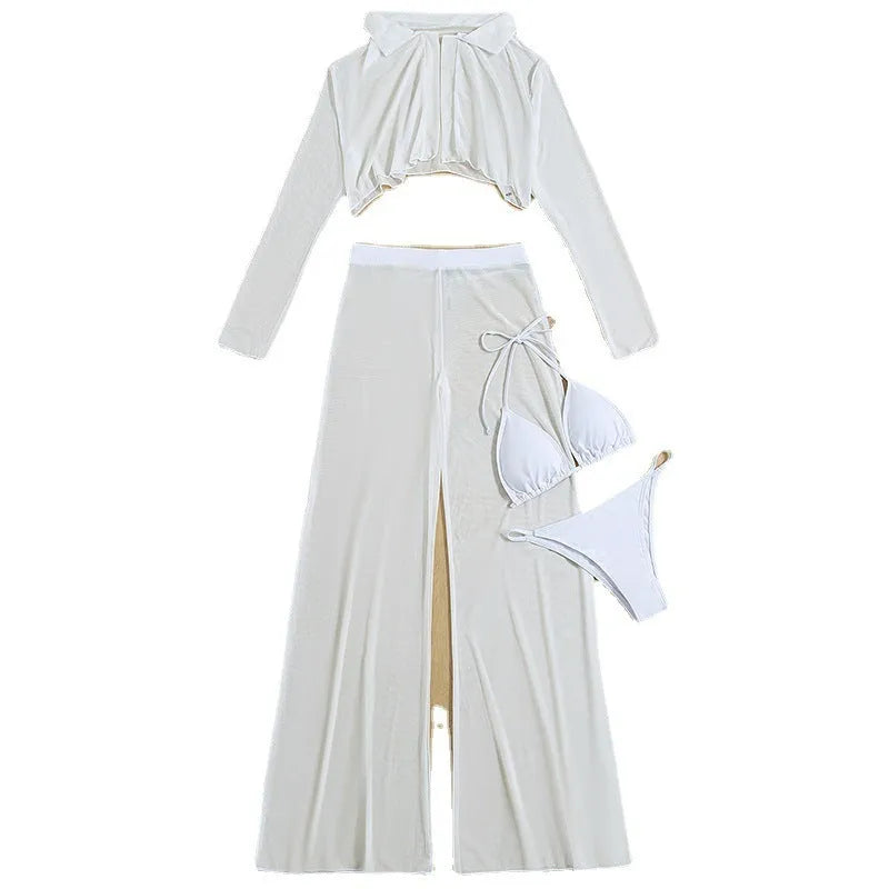 White women's high-waist backless swimsuit four-piece set on a hanger