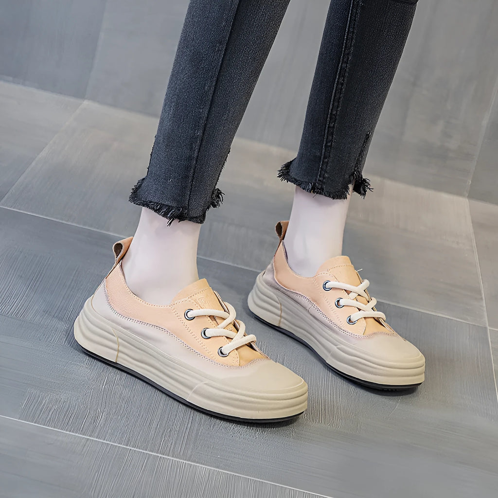Women's matcha green leather platform sneakers with round toe and lace-up front on a white background.