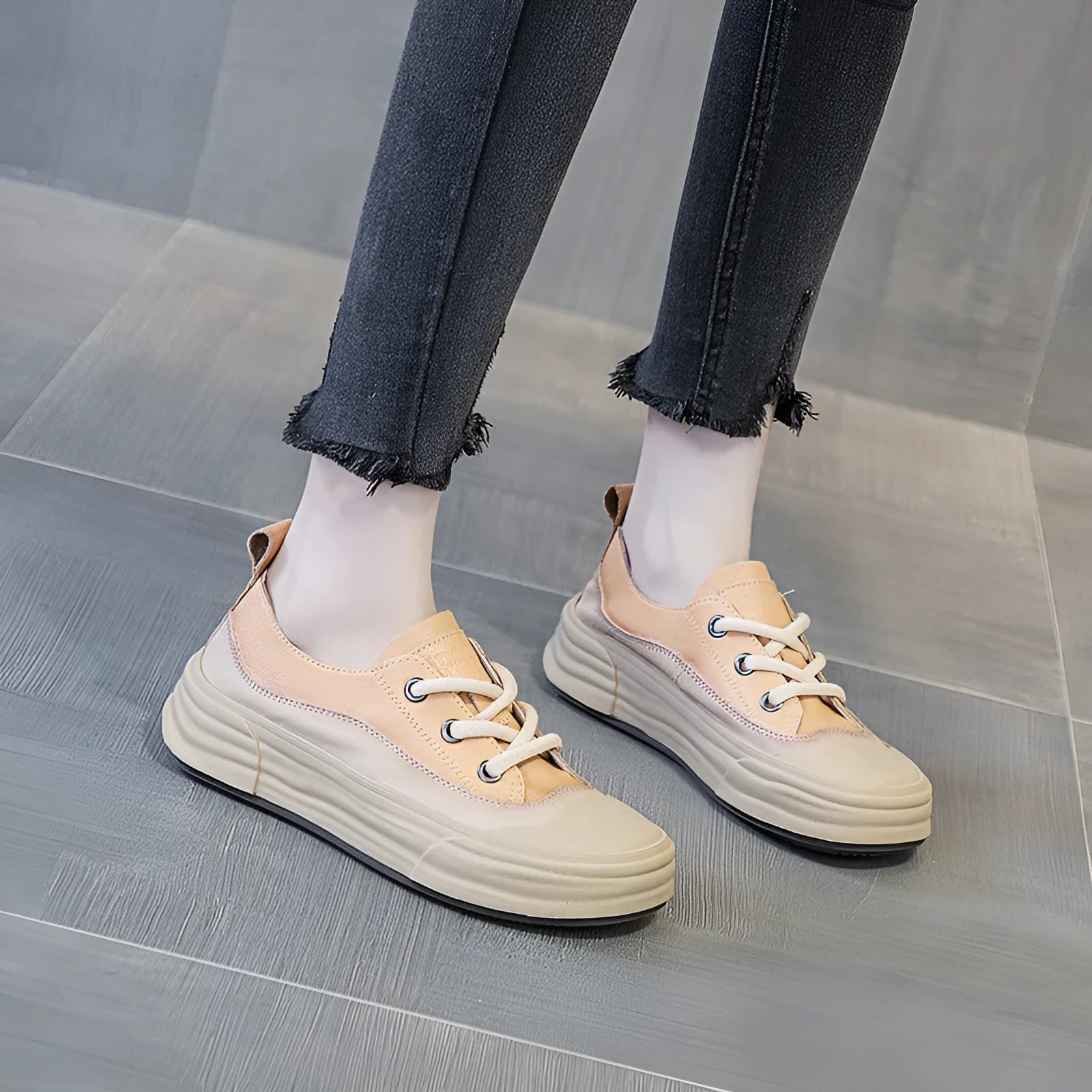 Women's matcha green leather platform sneakers with round toe and lace-up front on a white background.