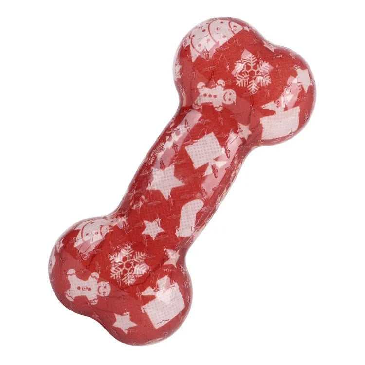 Printed bone-shaped dog chew toy with squeaker in TPR material