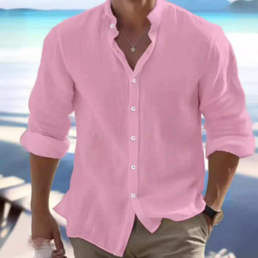 Men's long-staple cotton pullover shirt in light grey with collage stitching, sizes S-5XL