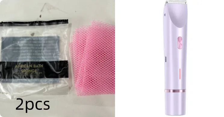 Pink women's electric razor and trimmer with two heads, USB cable, and brush on a white background.