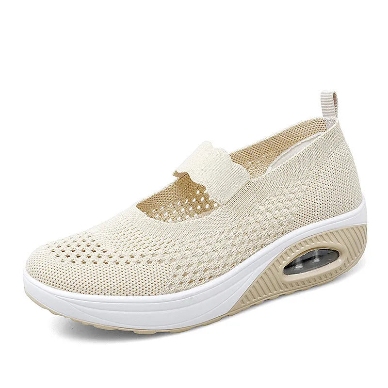 Women's slip-on mesh casual shoes in black, beige, or pink with round toe and low heel design