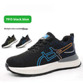 Low-cut safety protective shoes with breathable mesh upper, black-blue colour option, showing industrial protective features