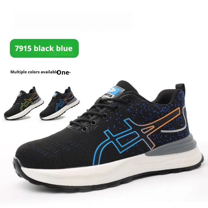 Low-cut safety protective shoes with breathable mesh upper, black-blue colour option, showing industrial protective features