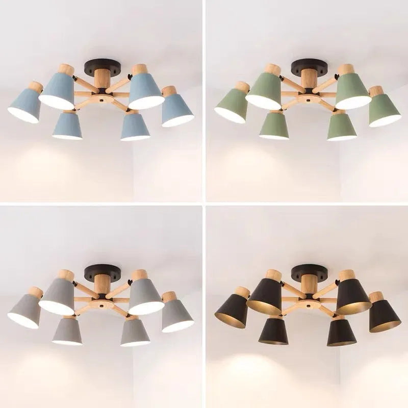 Nordic Creative Isn Macaron ceiling pendant lamp in ironwood with multiple heads, showing Black and Grey colour option