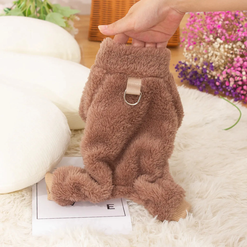 Blue double-sided thick plush dog clothing with high collar and towing ring on a mannequin.