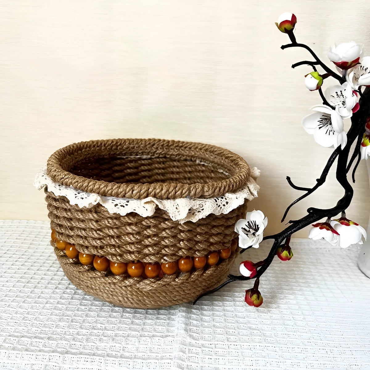 Brown hand-woven storage basket, 17 x 11cm, Oxford cloth, hollow retro tabletop organiser