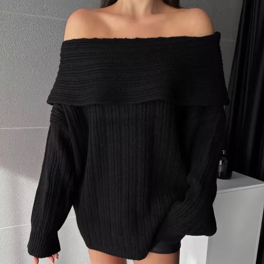 Women's loose fit long sleeve pullover sweater in acrylic fibre, shown in black colour.