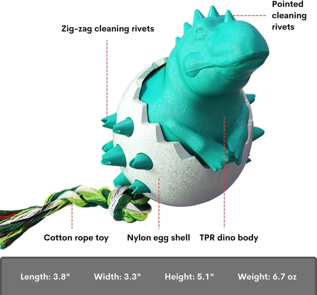 Blue dinosaur-shaped dog chew toy with interactive rope, nubs for dental cleaning, size 129x97x82.5mm
