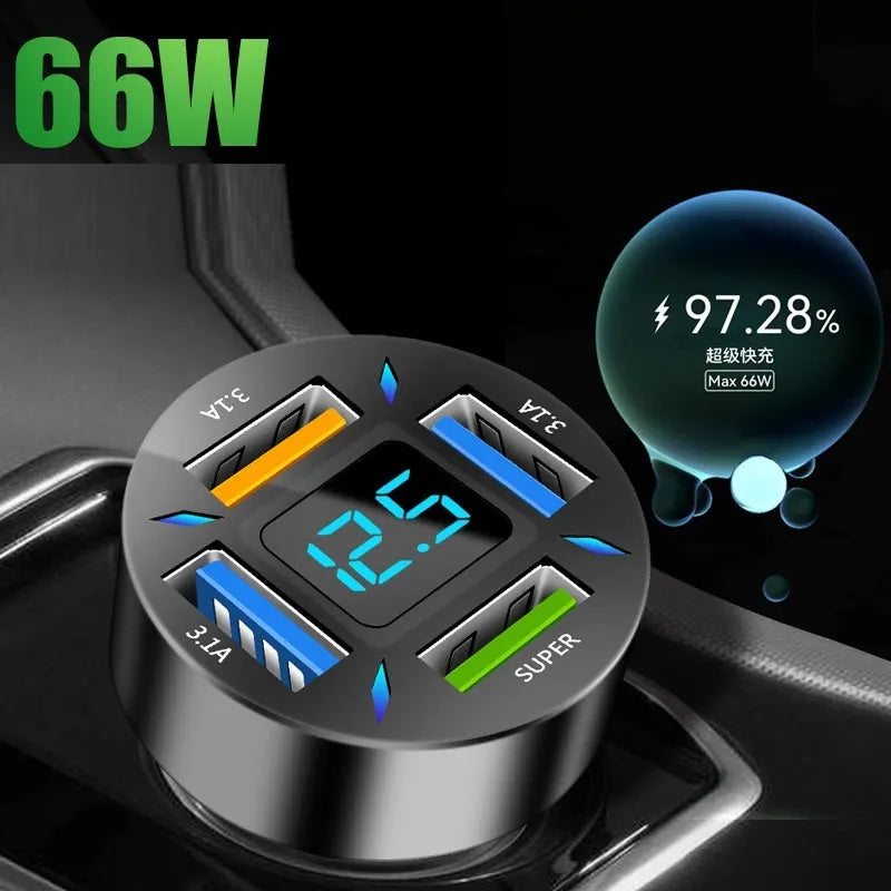 Four-port USB car charger with LED digital display showing voltage indicators, compact design for vehicle cigarette lighter sockets