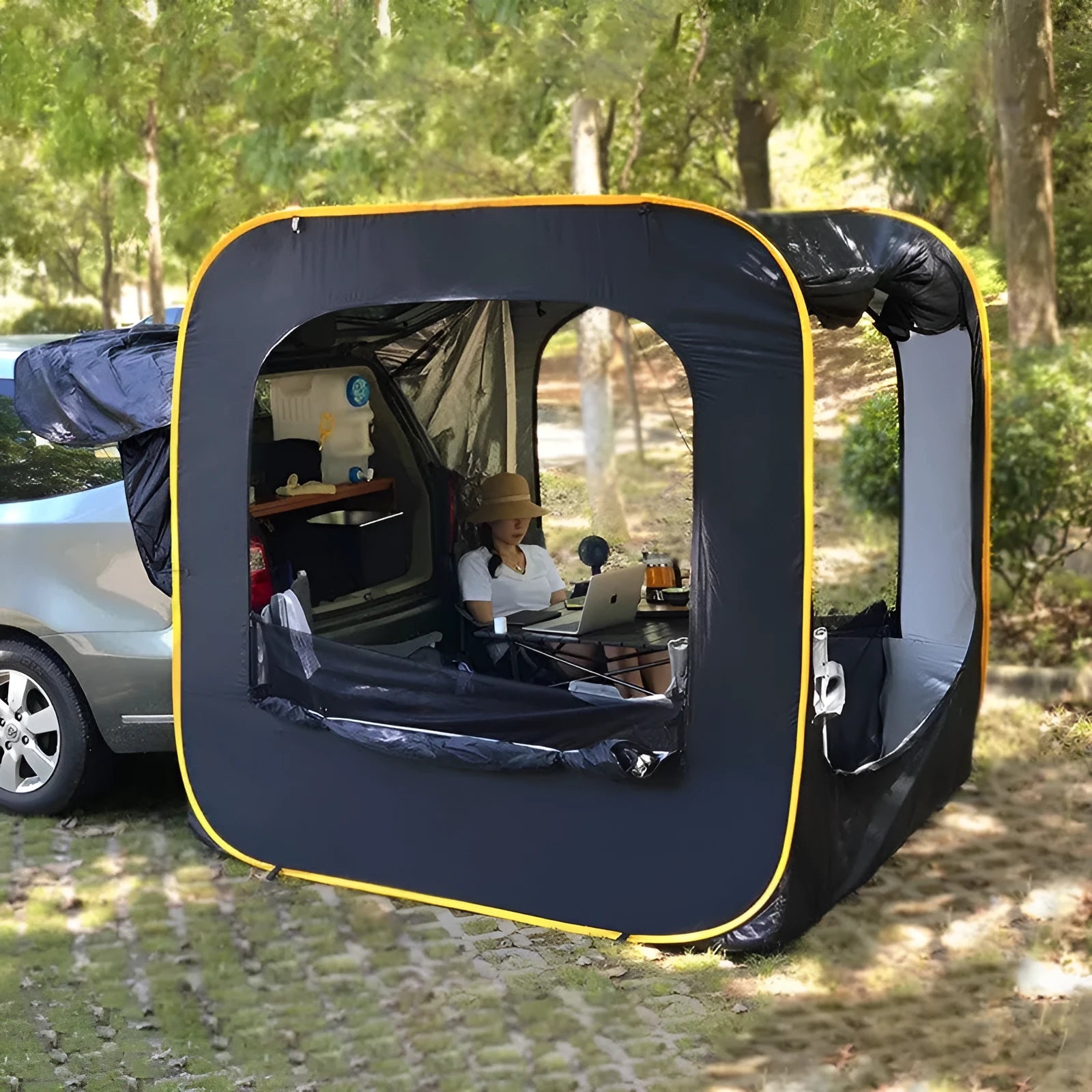 Black pop-up outdoor camping car tail tent with steel frame unfolded to 200x200x200cm dimensions