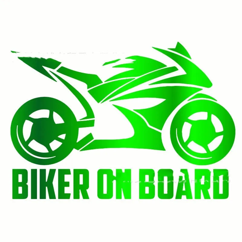 Reflective motorcycle car sticker in PET material, showing 10x15cm or 14x20cm size options in various colours for safety.
