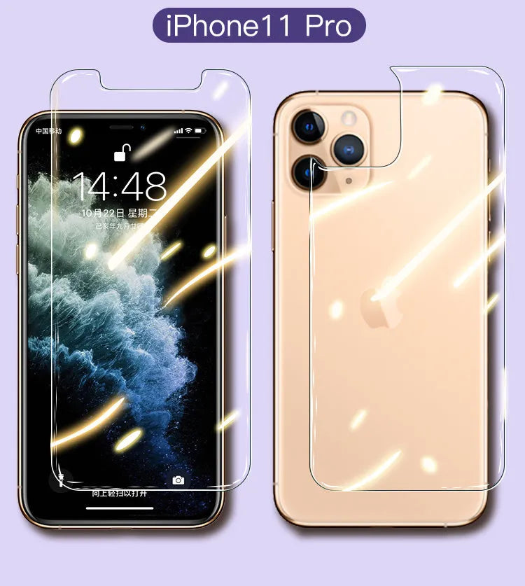 Apple iPhone tempered glass screen protector showing front and rear films with 10D explosion-proof and anti-fingerprint features