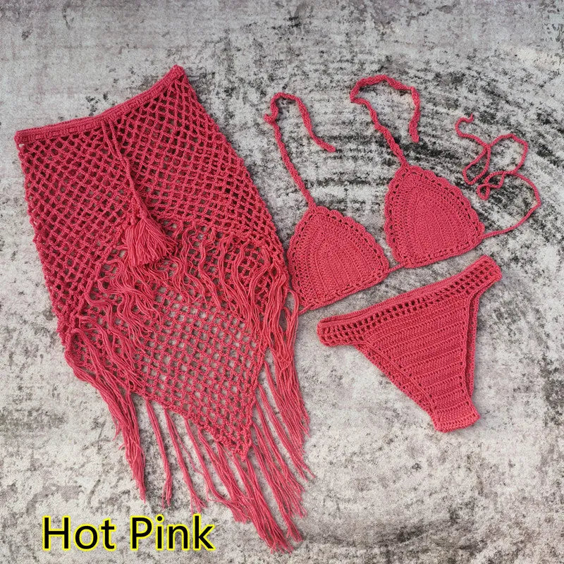 Handmade crochet bikini set with matching beach skirt in blue colour, showing three separate pieces