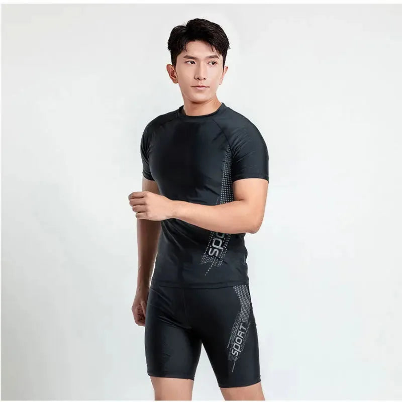 Men's patterned plus size swim shorts set with matching top, shown in multiple colour options.