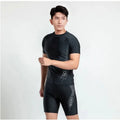 Men's patterned plus size swim shorts set with matching top, shown in multiple colour options.