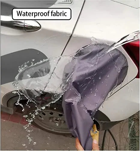 Grey waterproof drawstring bag cover for electric vehicle charging connector.