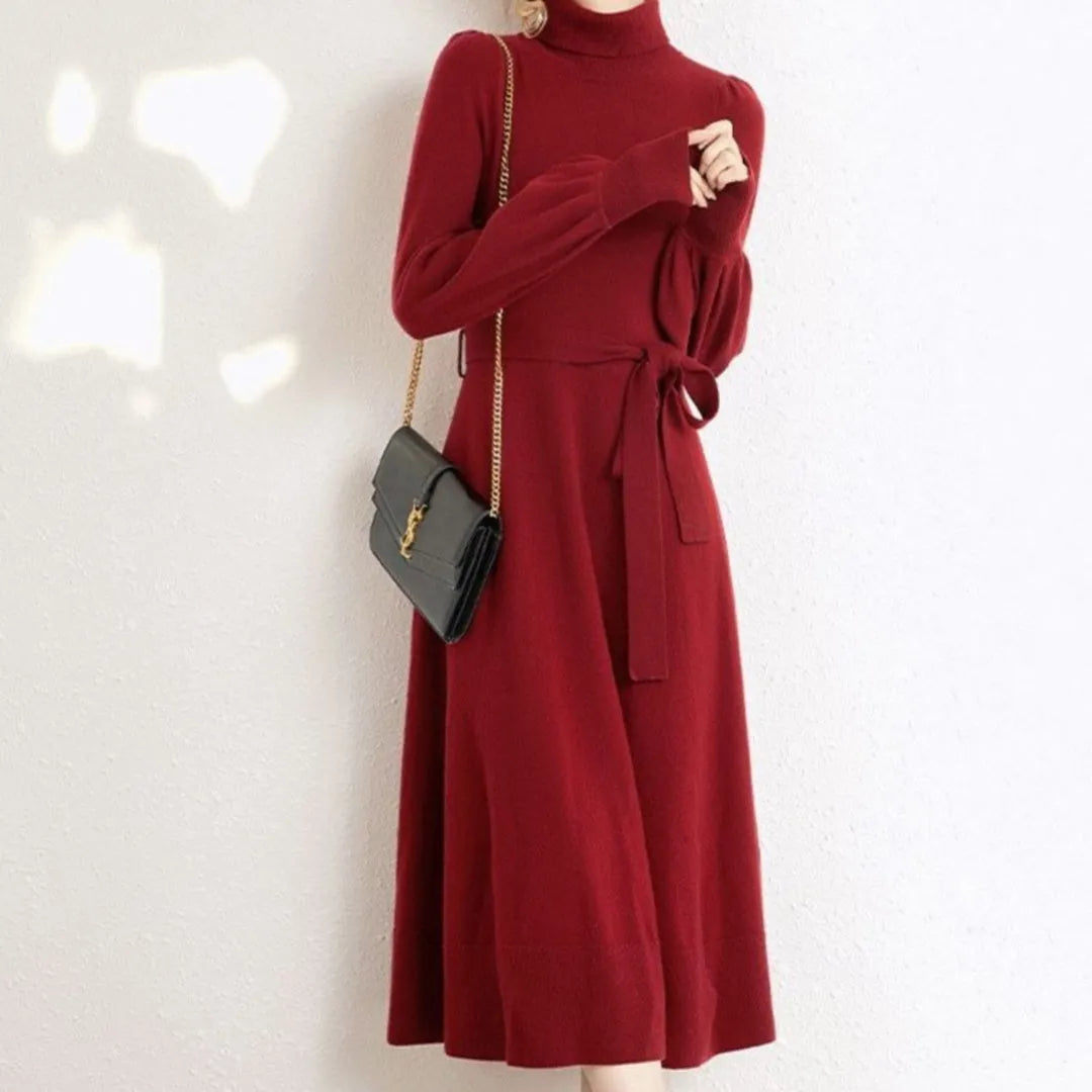 Rose red turtleneck knit dress with elastic waist and long skirt measuring approximately 100-110cm in length