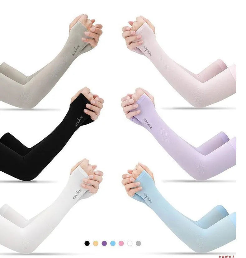 A pair of grey sun protection arm sleeves with an open-finger design on a neutral background.