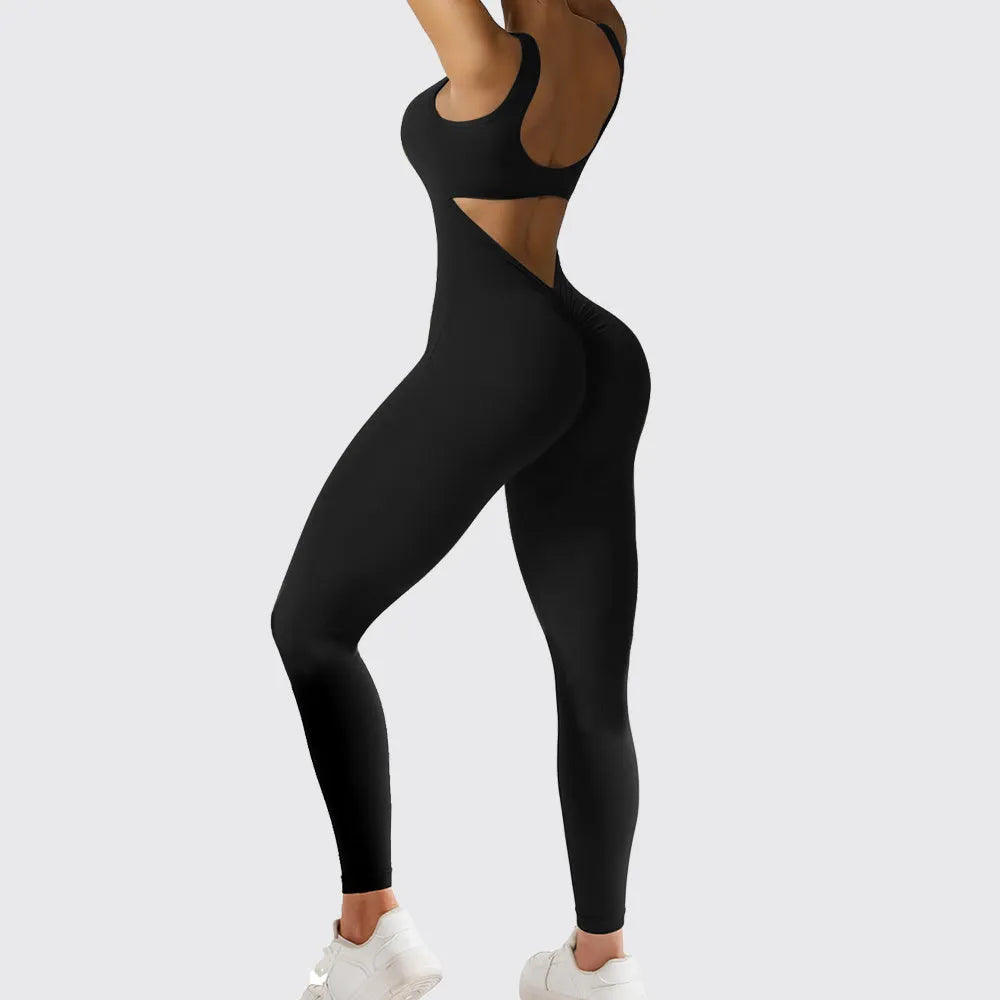 Women's sleeveless flare jumpsuit in high elasticity polyester for yoga, available in multiple colours and sizes.