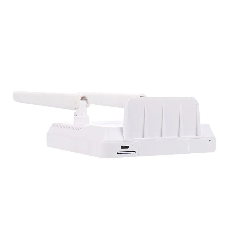 Home office LTE router with two external antennas, USB cable, and power adapter for 4G network sharing