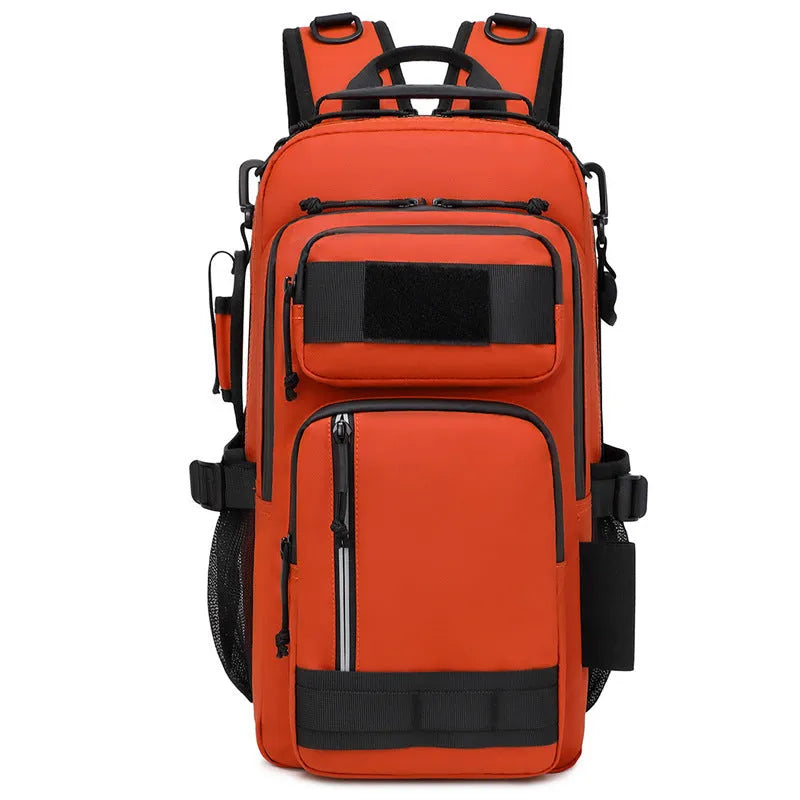Large capacity orange outdoor backpack with hiking and camping equipment