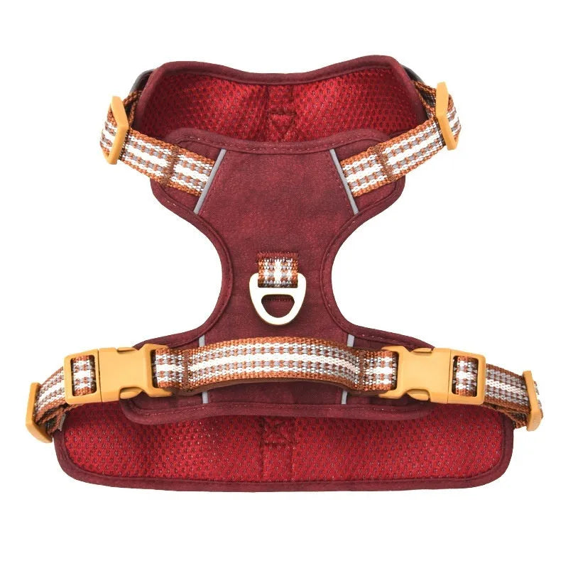 Brown leather dog harness with reflective stitching and explosion-proof D-ring