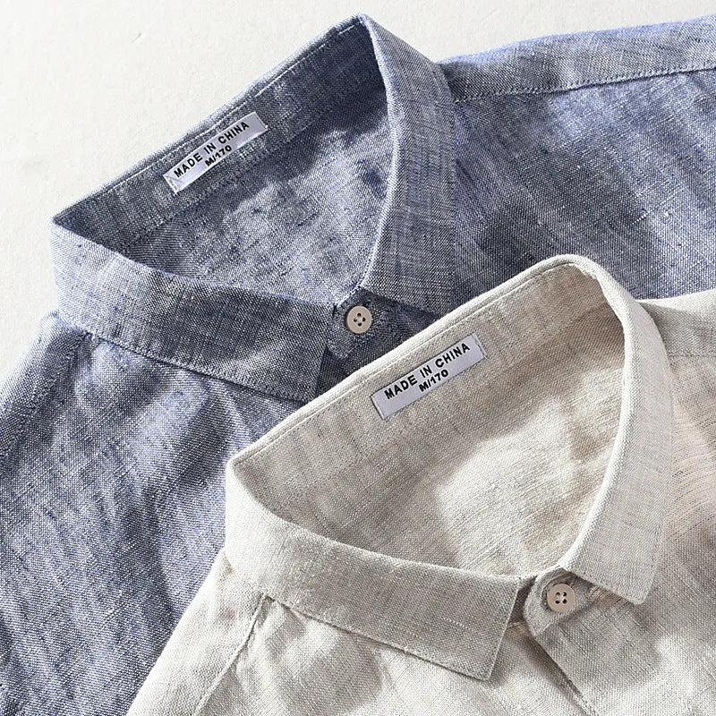 Linen short sleeve casual shirt in raw jute colour with square collar, suitable for male youth wear