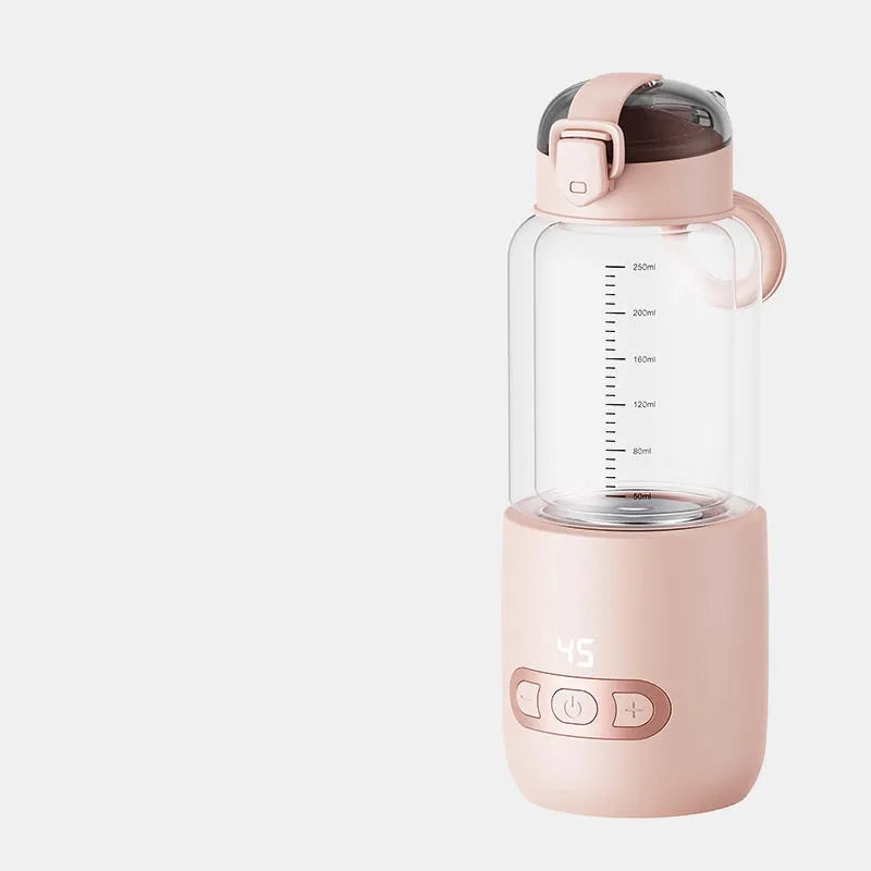 Wireless portable baby milk mixer with thermostatic cup and glass body, 86x210mm, shown in white, pink, blue or yellow.