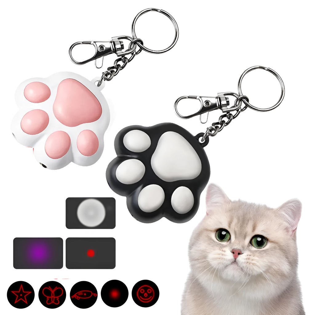 Pink and black infrared teaser toy for cats with key chain, measuring 5cm with USB charging port