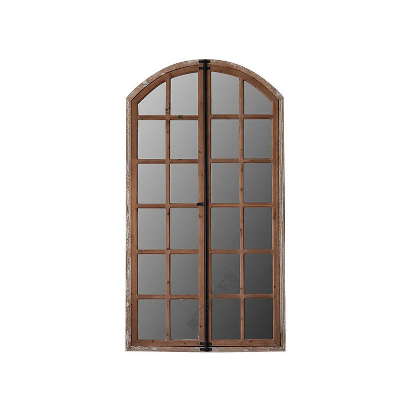 Terrace distressed fake window wall mirror with wooden frame and glass panel in log colour