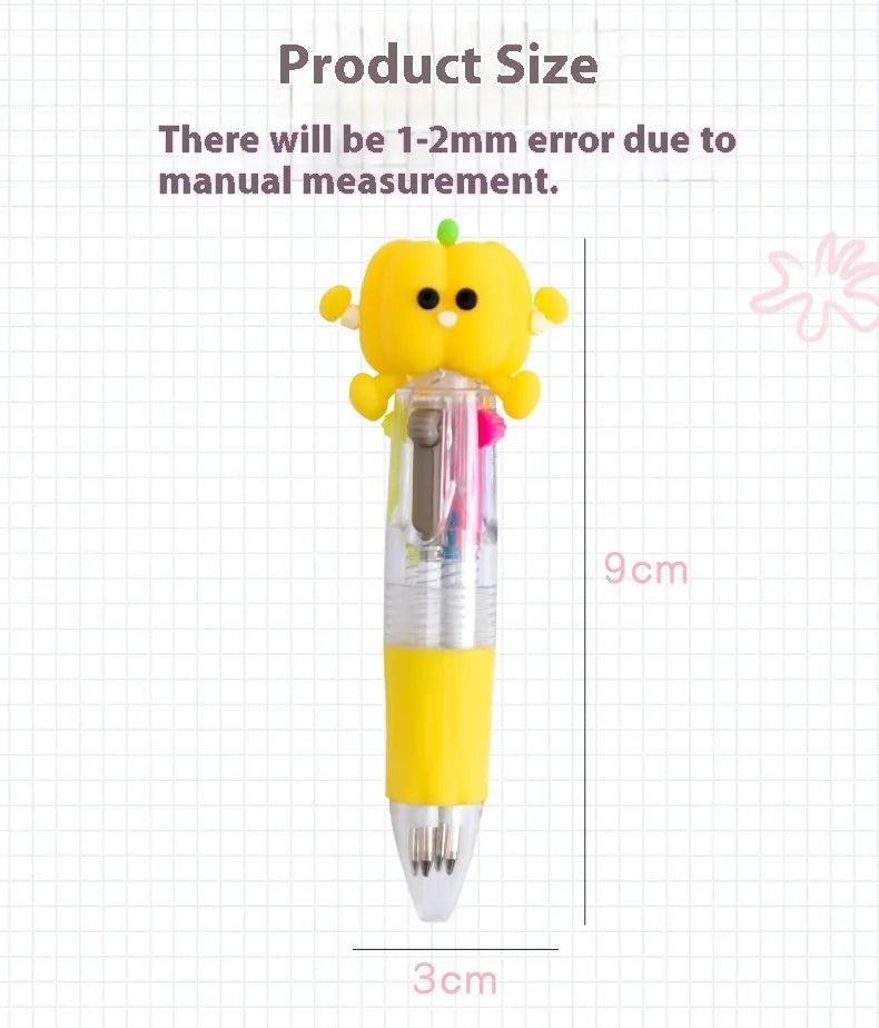 Cartoon-themed four-colour press ballpoint pen showing press mechanism and 0.7mm tip with themed design options