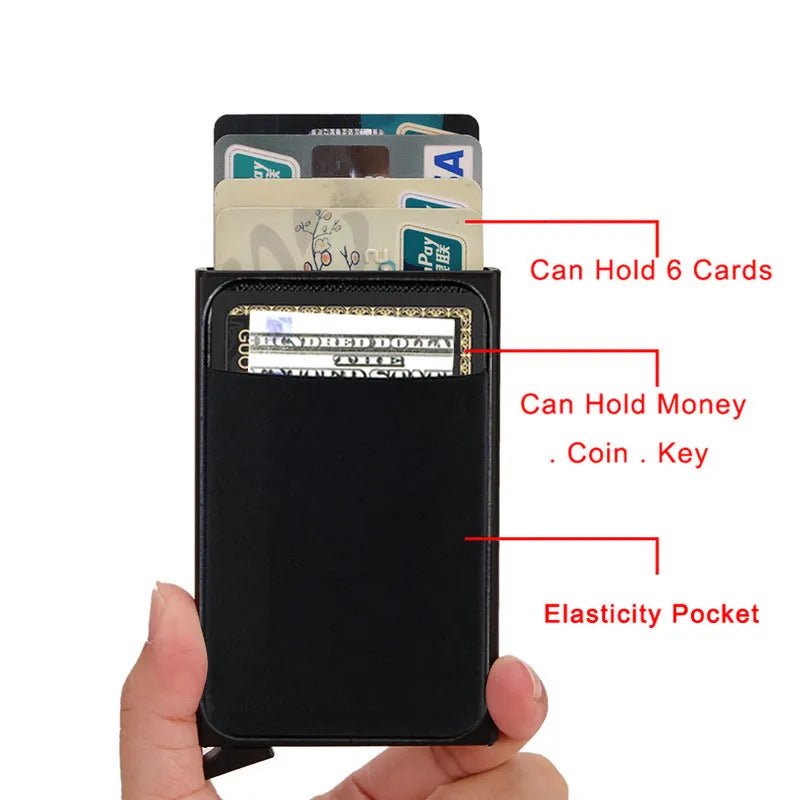 Aluminium alloy credit card holder with RFID blocking in frosted finish measuring 9.5cm by 6cm
